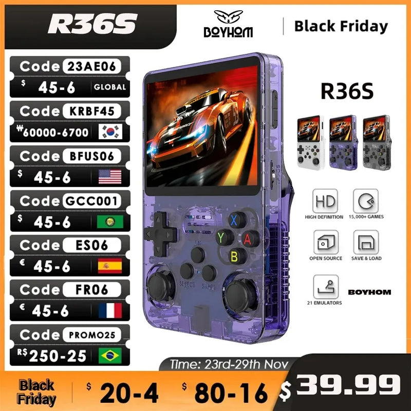 R36S Console de video-game portátil RETRO, sistema linux, R36S 64gb jogos, 3,5 "tela IPS